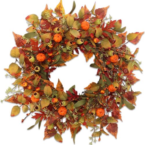 WF8215MAX_1 22 inch Artificial Fall Wreaths for Front Door,Autumn Wreath with Pumpkin and Maple Leaves Suitable for Indoor Outdoor Wall Porch Harvest Festival Thanksgiving Day Farmhouse Holiday Decor.