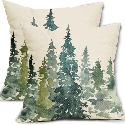 Watercolor Tree Pillow Covers 18x18 Set of 2 Green Teal Forest Rustic Nature Themed Decorative Throw Pillows Winter Christmas Outdoor Farmhouse Linen Cushion Case Decor for Sofa Couch Bed