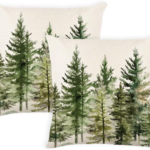 WF9005MAX_1 Christmas Tree Winter Pillow Covers 18x18 Inch Set of 2 Xmas Decorative Throw Pillow Cover Watercolor Nature Forest Decoration Holiday Farmhouse Pillow Case for Home Sofa Christmas Decor Green