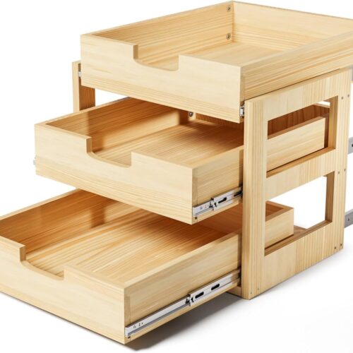 WFESA-HD-0281_1 Pull Out Cabinet Organizer, 14''W×21''D Sliding Drawers for Cabinets, 3 Tier Soft Close Slide Out Wooden Pull out Drawers, Base Cabinet Organization for Kitchen, Pantry, Bathroom.