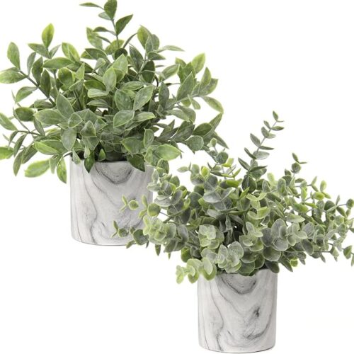 Faux Plants Indoor Artificial Mini Potted Plants Plastic Green Plant Small Fake Plants Eucalyptus Decor in Pots for Home Table Room Bathroom Decor