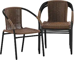 1 Flash Furniture Lila Modern Rattan Indoor/Outdoor Stackable Dining Chairs, Stacking Rattan Bistro Chairs for Patio or Restaurant, Set of 4, Brown