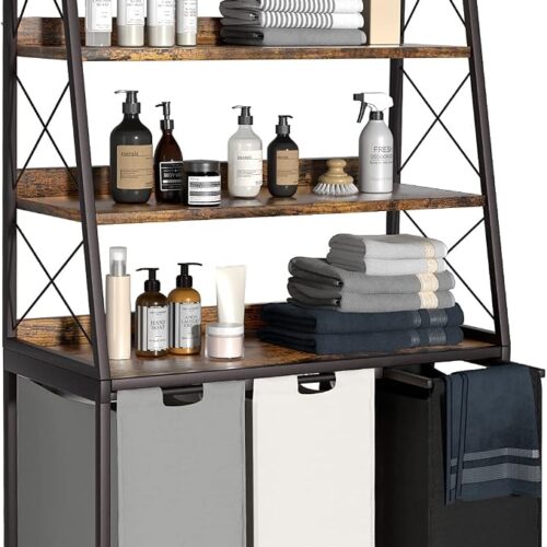 1 Laundry Basket, 3 Section Laundry Hamper with 4 Tiers Shelf, Pull-Out and Removable Laundry Bags, Large 3 x 15.87 Gallons, for Laundry Room Bathroom Rustic Brown PF05XLN