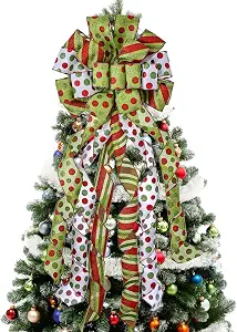 1 Christmas Tree Topper Wreath Bow Large Green Christmas Bow Tree Topper, Red Green Dot Polyester Gift Bows for Xmas Ornament Holiday Home Thanksgiving Indoor/Outdoor Decoration 45"x13"