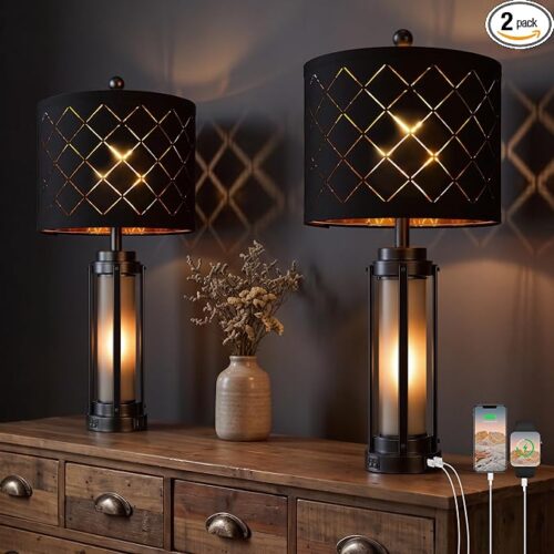 1 27'' Modern Table Lamp Set of 2 with Nightlight, Black Bedroom lamp