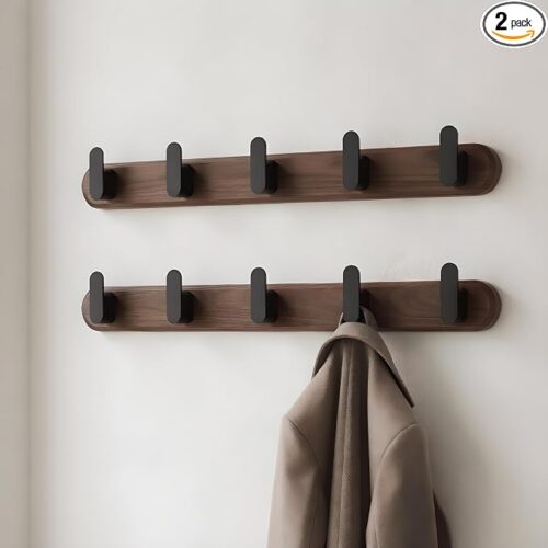 Coat Rack Wall Mount – Solid Black Walnut with 5 Heavy Duty Matte Black Hooks, Wooden Wall Coat Rack for Entryway, Coats, Hats & Bags - 19.7in, No Drill Adhesive or Hidden Screw Mount (2)