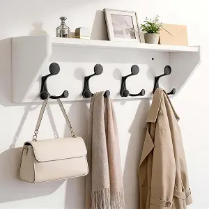 1 Wall Shelf with Hooks, 24-Inch White Coat Rack Wall Mount with Shelf Organizer - Heavy Duty, 4 Tri Hooks - Perfect for Entryway, Hallway, Living Room, Bedroom, Mudroom