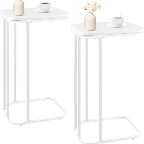 KJGKK C Shaped End Table Set of 2, Small Side Table for Sofa and Bed, Couch Tables That Slide Under, Tall Tv Tray Table for Living Room, Bedroom, Snow White