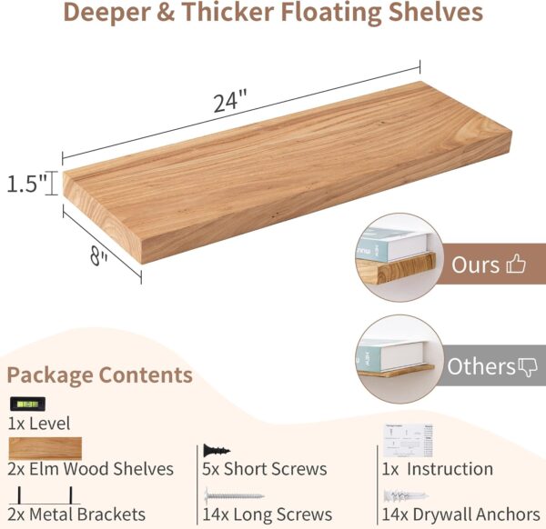 WF1001MAX_3 Floating Shelves for Wall, 24in Reclaimed Elm Wood Shelves, Natural, 2PCs