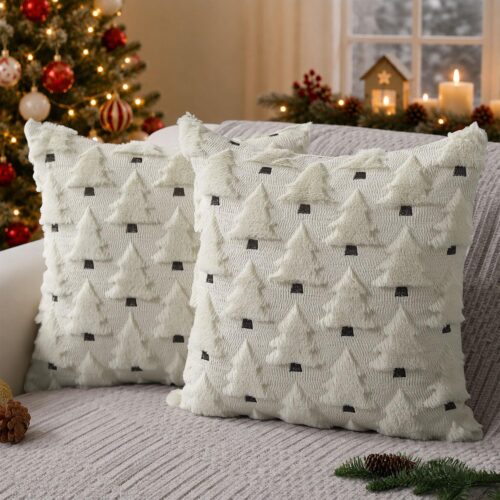 Christmas Pillow Covers 18x18 inch Set of 2 Christmas Decorations Soft Plush Faux Fur Wool Cream White Christmas Tree Throw Pillow Cases Winter Holiday Decor for Sofa Living Room PT-002D18
