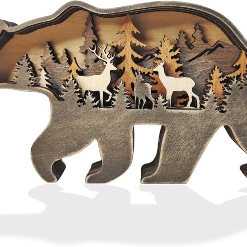 Wooden Bear Art Decor Brown Bear Figurine Rustic Home Shelf Desktop Creative Decorations Multi-Layer Silhouette Crafts