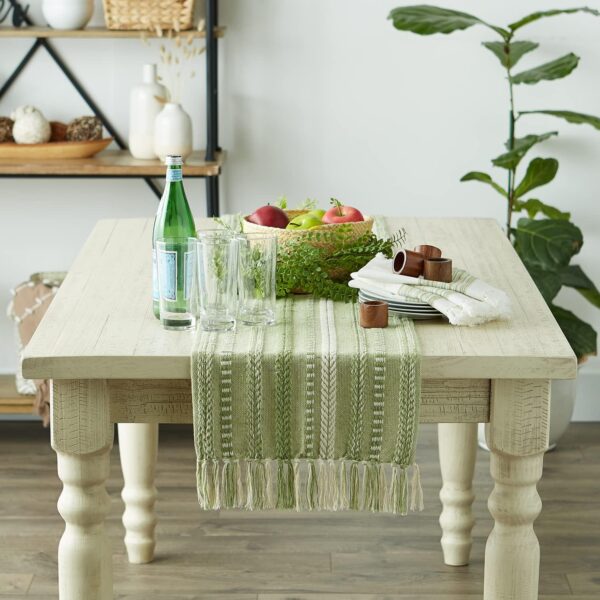 DII Braided Stripe Table Runner, 15x108 with 2.5" Fringe, Antique Green 2