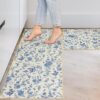 JarThenaAMCS 2 Pcs Chinoiserie Floral Kitchen Mats Spring Summer Blue Flower Bird Butterfly Kitchen Rugs Anti-Slip Rectangle Floor Mats for Party Home Entrance Decor