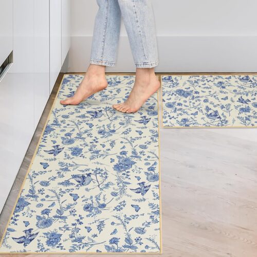 WF11385MAX_1 JarThenaAMCS 2 Pcs Chinoiserie Floral Kitchen Mats Spring Summer Blue Flower Bird Butterfly Kitchen Rugs Anti-Slip Rectangle Floor Mats for Party Home Entrance Decor