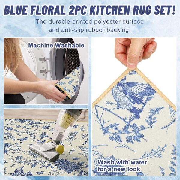 JarThenaAMCS 2 Pcs Chinoiserie Floral Kitchen Mats Spring Summer Blue Flower Bird Butterfly Kitchen Rugs Anti-Slip Rectangle Floor Mats for Party Home Entrance Decor