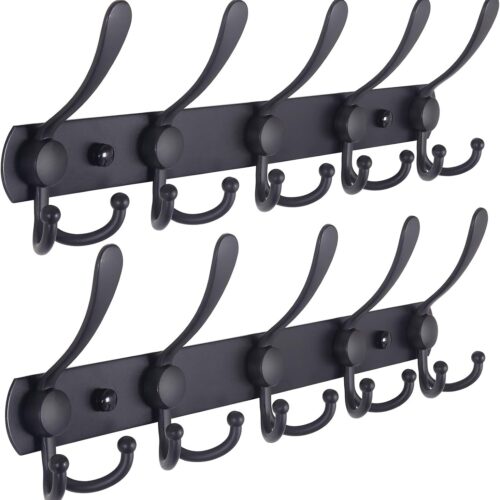 Dseap Coat Rack Wall Mounted - 5 Tri Hooks, Heavy Duty, Stainless Steel, Metal Coat Hook Rail for Coat Hat Towel Purse Robes Mudroom Bathroom Entryway (Black, 2 Packs)