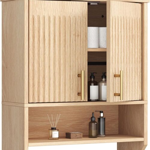 HOOBRO Narrow Bathroom Wall Cabinet with Towel Rack, Space Saving Medicine Cabinet for Small Spaces, Farmhouse Fluted Wall Storage Cabinet with Adjustable Shelf, Natural