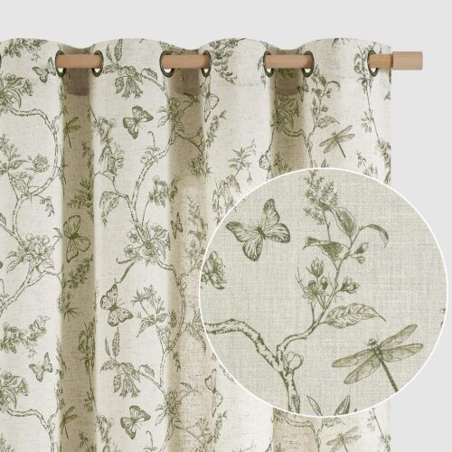 Lazzzy Green Floral Linen Curtains Cottage Grommet Top 50W X 84L 2 Panels