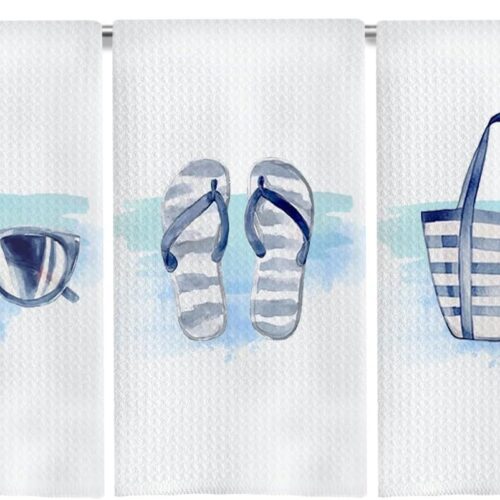WF12930MAX_1 Navy Blue Coastal Beach Kitchen Towels, Summer Flip-Flop Sunglasses Beach Hand Towels for Bathroom Decor, Blue Coastal Nautical Dish Tea Towels for Kitchen Decor, 16x24 Inch Set of 3