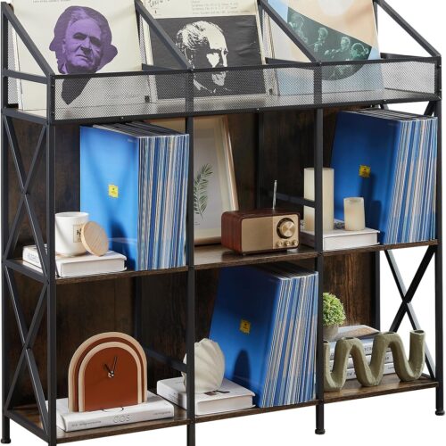 WF1718MAX_1 EYOCAL 9 Grids Vinyl Record Storage Holder Rack, Wooden Record Display Table for Magazines Files Albums Books for Living Room Bedroom Patent Pending
