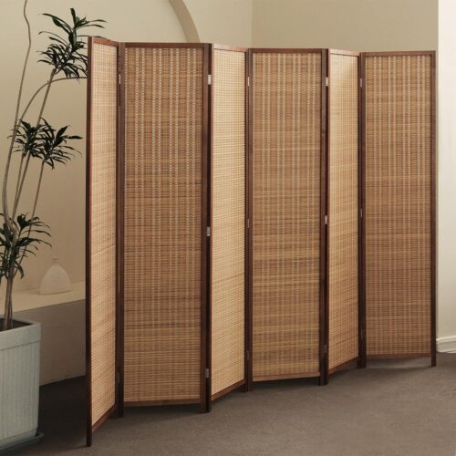 6 Panel Bamboo Room Divider - 5.6 ft Tall Folding Privacy Screen for Room Separation, Natural Brown Freestanding Partition Wall for Home Office (67" H x 92.1" W)
