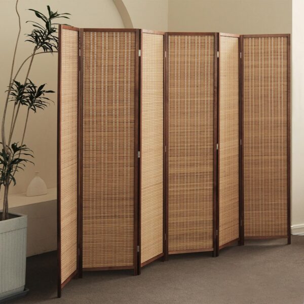 6 Panel Bamboo Room Divider - 5.6 ft Tall Folding Privacy Screen for Room Separation, Natural Brown Freestanding Partition Wall for Home Office (67" H x 92.1" W)