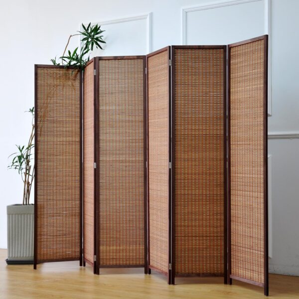 6 Panel Bamboo Room Divider - 5.6 ft Tall Folding Privacy Screen for Room Separation, Natural Brown Freestanding Partition Wall for Home Office (67" H x 92.1" W)