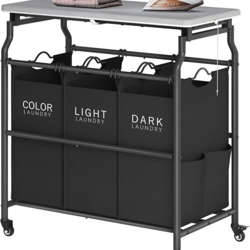 Hoctieon 3 Section Laundry Sorter with Ironing Board, Laundry Hamper, Black