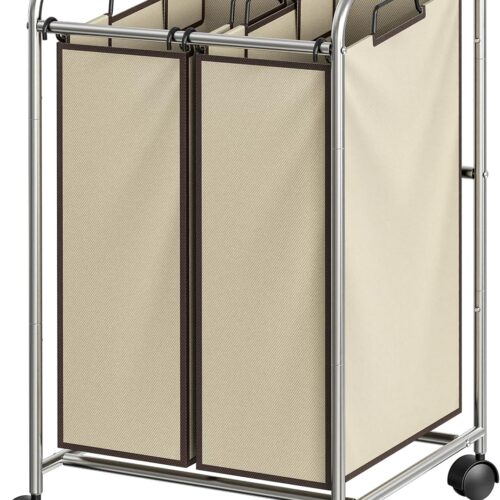 WF3523MAX_1 Simple Houseware 2-Bag Heavy Duty Laundry Sorter Rolling Cart, Chrome