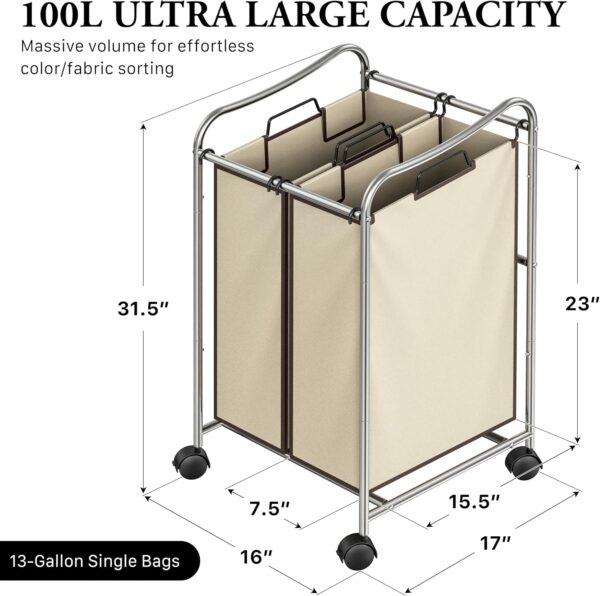 Simple Houseware 2-Bag Heavy Duty Laundry Sorter Rolling Cart, Chrome 2