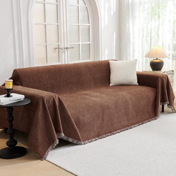 WF3604MAX_2 MYSKY HOME Sofa Covers for 2 Cushion Dogs - Boho Textured Soft Washable Decorative Couch Covers with Tassels, 71"x118", Chocolate