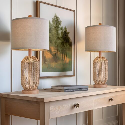 OYEARS 21" Boho Table Lamps Set of 2 for Living Room, Bedside Lamps for Nightstand, Rattan Lamp for Bedroom, Farmhouse Table Lamps for Boho Decor, End Table, Retro, Brown
