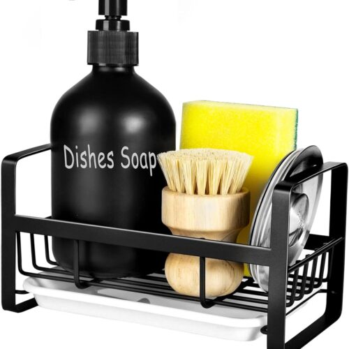 WF5298MAX_1 TEZZ Sponge Holder for Kitchen Sink- Stainless Steel Kitchen Sink Caddy for Organizing Sponge, Brush & Soap Dish Dispenser, coutertop Organizer Rack with Adhesive or Counter top, Black