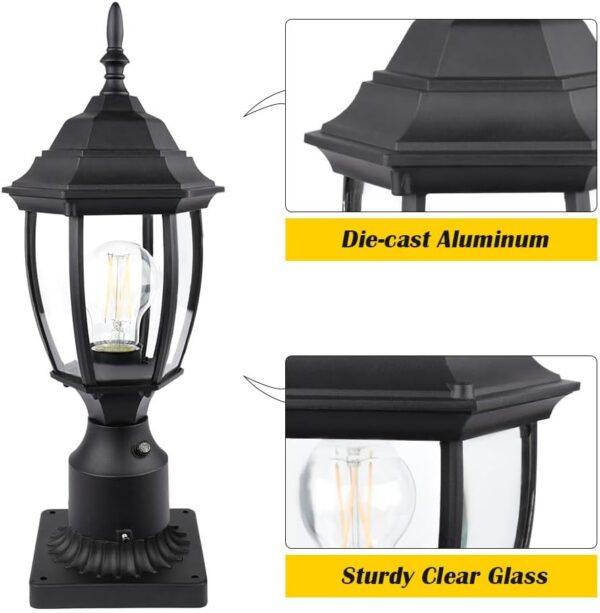 Dusk to Dawn Outdoor Post Light Hardwired 120V, Waterproof Aluminum Pole Light Fixture with Pier Mount Base, Exterior Lamp Post Lantern Head with Clear Glass for Garden Yard Patio Pathway (6 Inch) 2