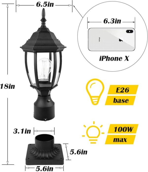 Dusk to Dawn Outdoor Post Light Hardwired 120V, Waterproof Aluminum Pole Light Fixture with Pier Mount Base, Exterior Lamp Post Lantern Head with Clear Glass for Garden Yard Patio Pathway (6 Inch) 3