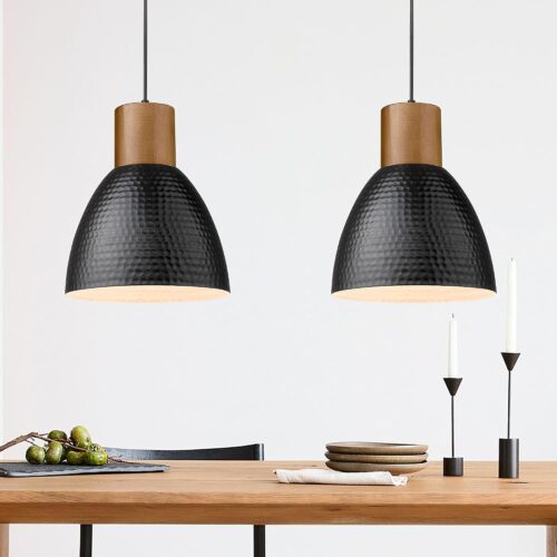 ELYONA 2 Pack Hammered Pendant Lights, 10.2” Industrial Metal Solid Wood Hanging Lamp, Modern Island Pendant Light Fixtures for Kitchen Bar, Farmhouse Dining Room, Bedroom, Living Room, Office, Black