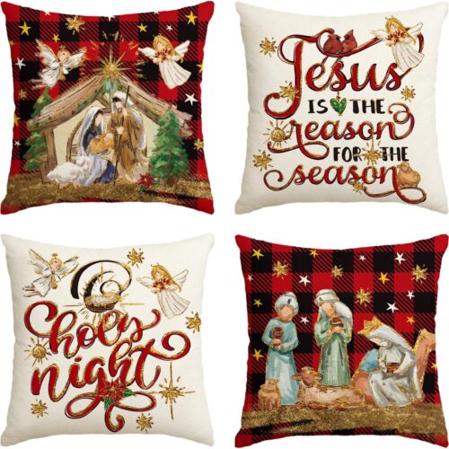 AVOIN colorlife Christmas O Holy Night Jesus Cardinal Buffalo Plaid Throw Pillow Covers, 18 x 18 Inch Christmas Saying Winter Holiday Cushion Case Decoration for Sofa Couch Set of 4