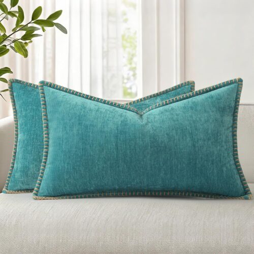 decorUhome Soft Chenille Throw Pillow Covers 12x20 Set of 2 Turquoise