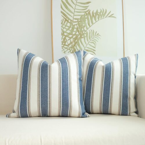 JOJUSIS Stripe Throw Pillow Covers Farmhouse Pillowcases Pack of 2 18 x 18 Inch Blue