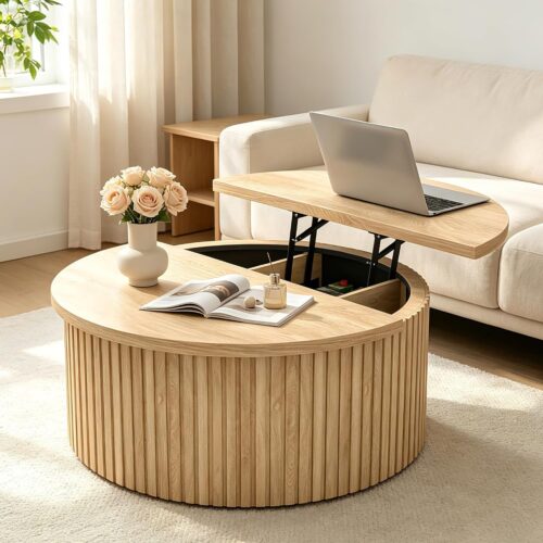 Fsbecl 34.6" Fluted Round Lift Top Coffee Table with Hidden Storage, Oak
