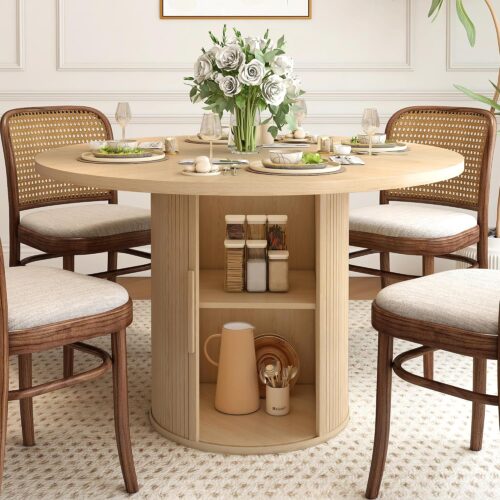 WF7010MAX_1 weselon 47 inch Round Dining Table for 4, Kitchen Table Dinner Table with 2-Layer Storage Shelf and Wood Slide Door for Home Dining Room Living Room (Natural)