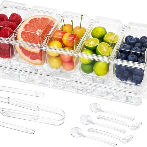 IVYHOME Chilled Condiment Server, Taco Bar Serving Set, Mimosa Bar Supplies, with 5 Lidded Containers and Detachable Ice Storage Layer, 2 Hanging Cups for Storing Tong or Forks