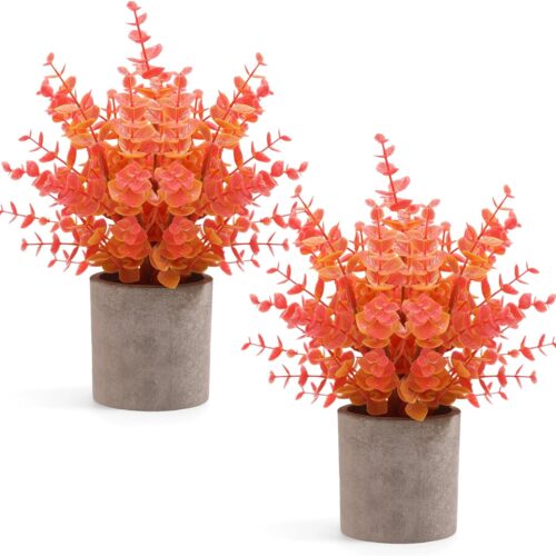 Coferset 2 Pack Small Fake Plants Eucalyptus Potted,Fall Orange