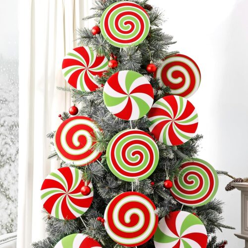 WF8432MAX_1 Christmas Decorations Indoor Tree Picks: 12 pcs Large Red Green Peppermint Christmas Ornaments, Cute Green Lollipop Candy Picks Ornaments for Xmas Tree Topper, Home Office Holiday Party Vase Décor