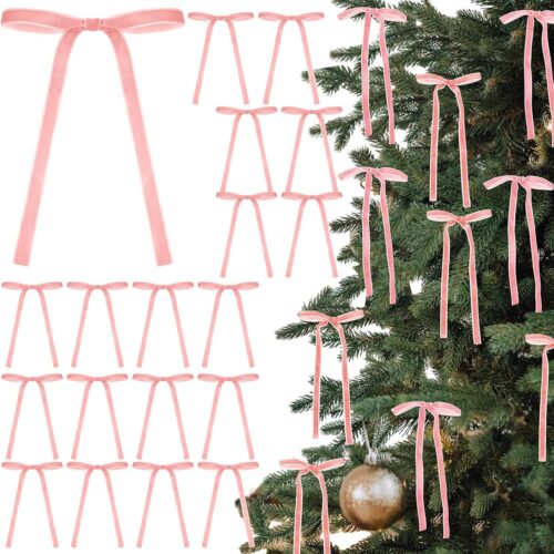 WF8662MAX_1 24 Pcs Light Pink Velvet Christmas Tree Bow, 5x7",3/8"w