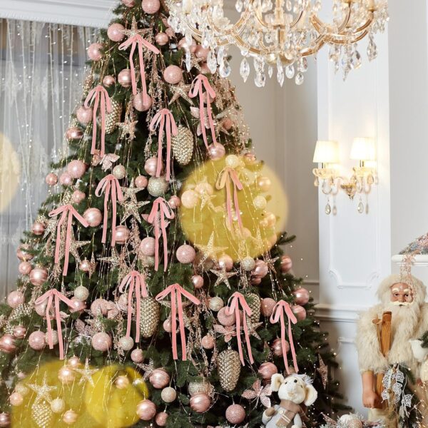 24 Pcs Light Pink Velvet Christmas Tree Bow, 5x7",3/8"w