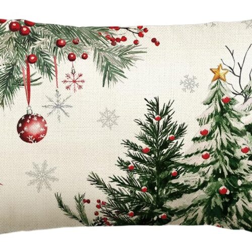 AVOIN colorlife Green Christmas Trees Red Balls Throw Pillow Cover, 12 x 20 Inch Seasonal Winter Holiday Green Cushion Case Decoration for Sofa Couch