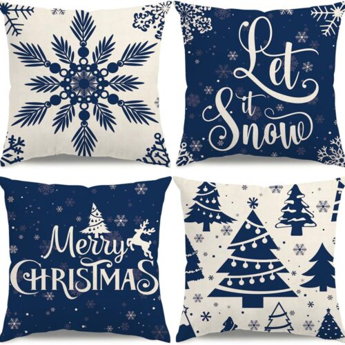 Christmas Pillow Covers 18x18 Blue Christmas Decorations Snowflake Throw Pillow Covers Xmas Tree Winter Holiday Decor Cushion Case for Sofa Couch Set of 4