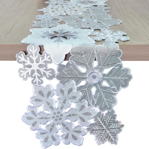 Grelucgo Machine Embroidered and Hand Cut Silver Grey and White Snowflakes Table Runner for Christmas Holiday (13.5 x 54 inches)