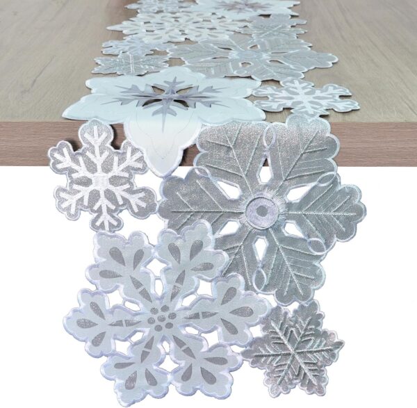 Grelucgo Machine Embroidered and Hand Cut Silver Grey and White Snowflakes Table Runner for Christmas Holiday (13.5 x 54 inches)